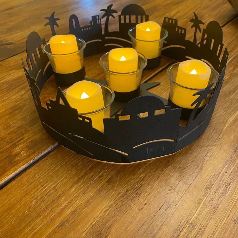 Bethlehem Black Metal Silhouette Candle‎ Holder with 5 Glass Votives